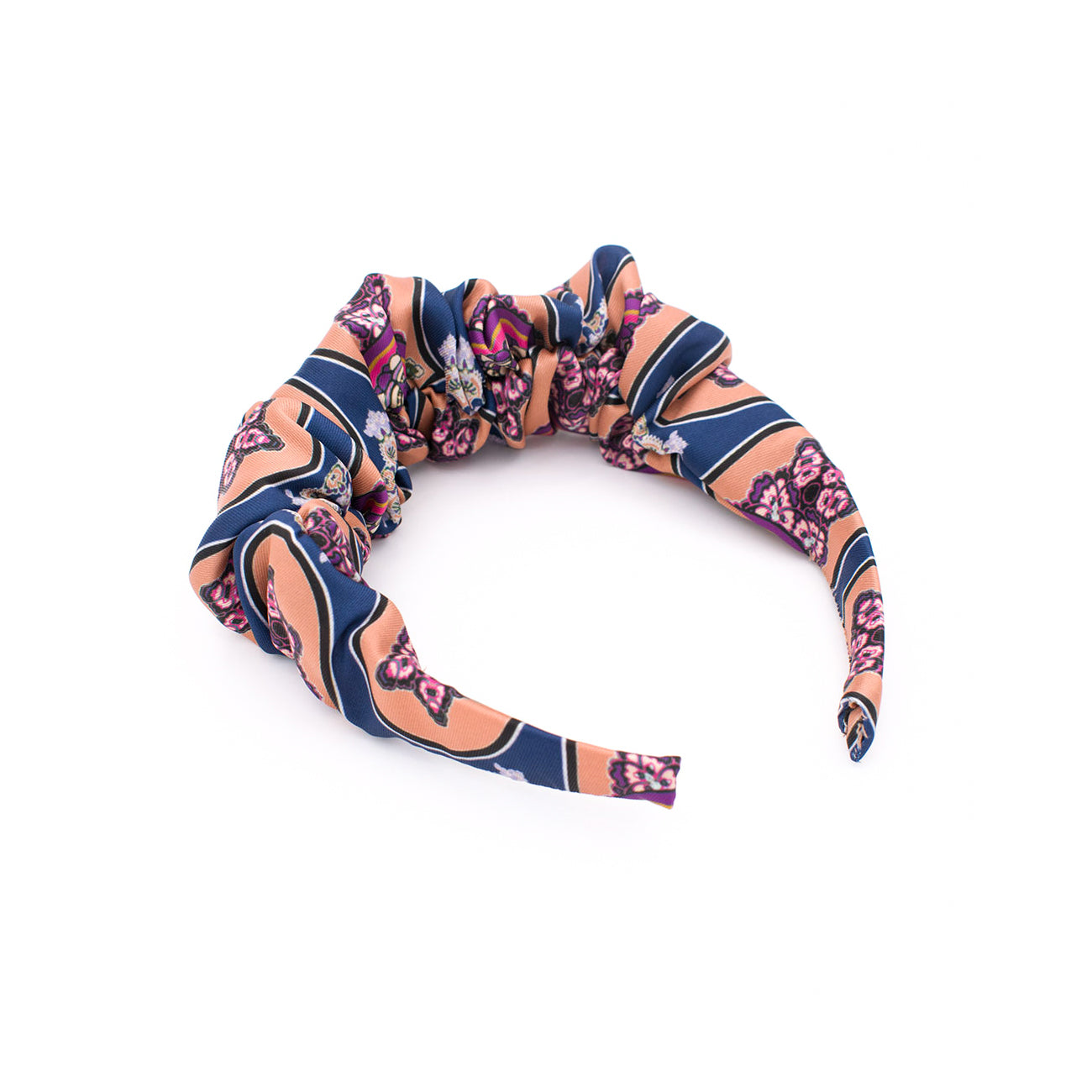 OFELIA ORANGE BLUE: Χειροποίητη στέκα, σατεν, scrunchie, blue, orange, navy blue