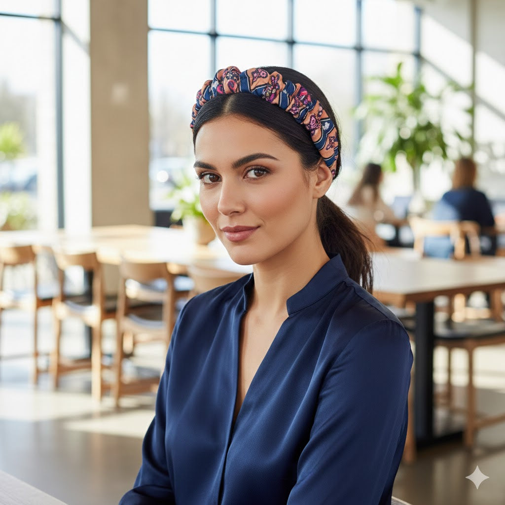 OFELIA ORANGE BLUE: Χειροποίητη στέκα, σατεν, scrunchie, blue, orange, navy blue