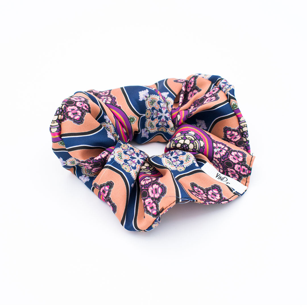 OFELIA ORANGE BLUE: Χειροποίητο λαστιχάκι μαλλιών scrunchie, blue, orange