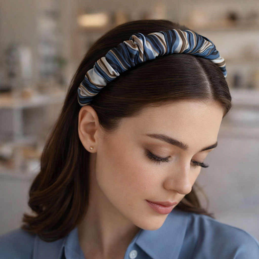 RAIZEL: Χειροποίητη στέκα, σατεν, scrunchie γκρι, μπλε
