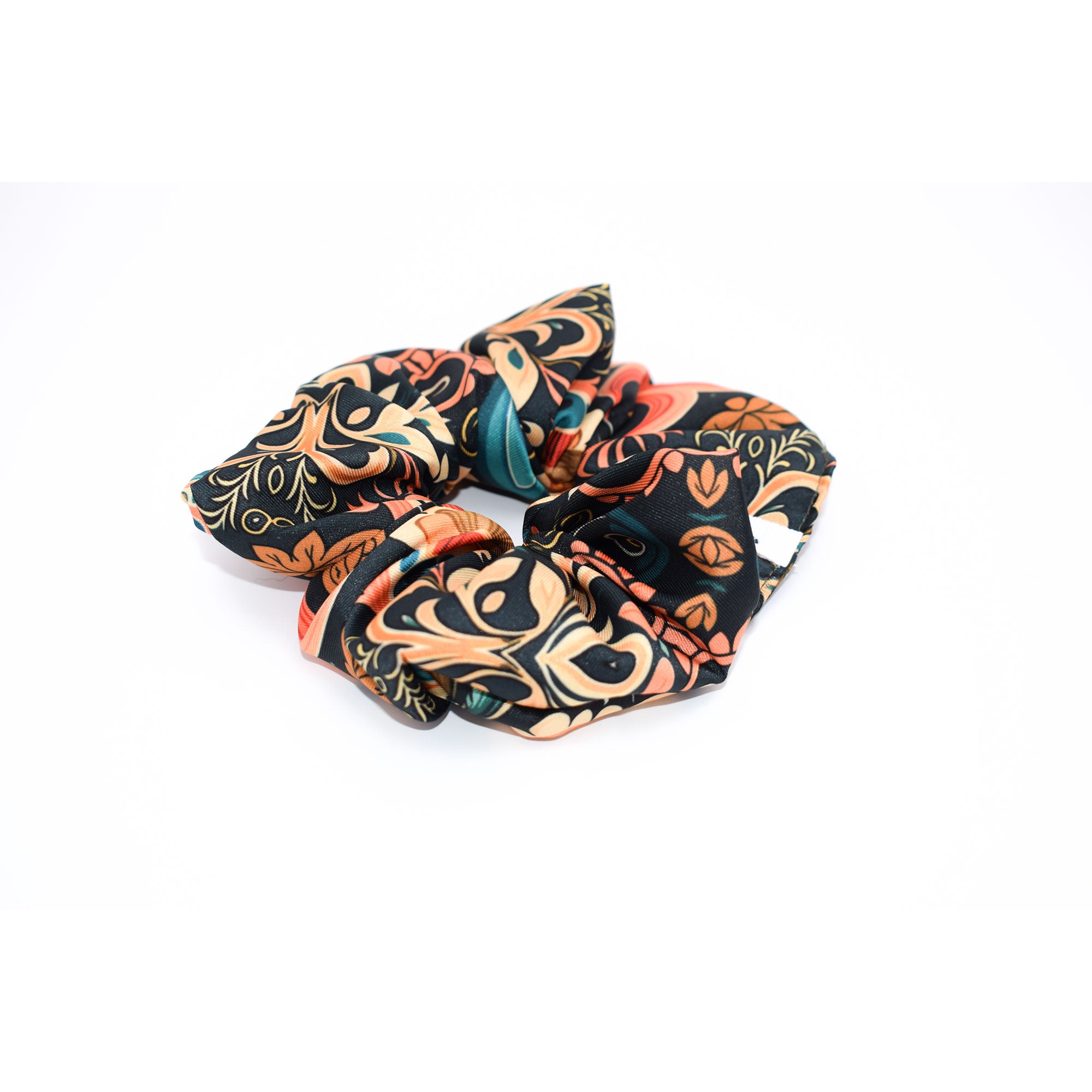 ISABEL: Χειροποίητο Εμπριμέ λαστιχάκι μαλλιών scrunchie,  καμηλό, πράσινο & κεραμιδί