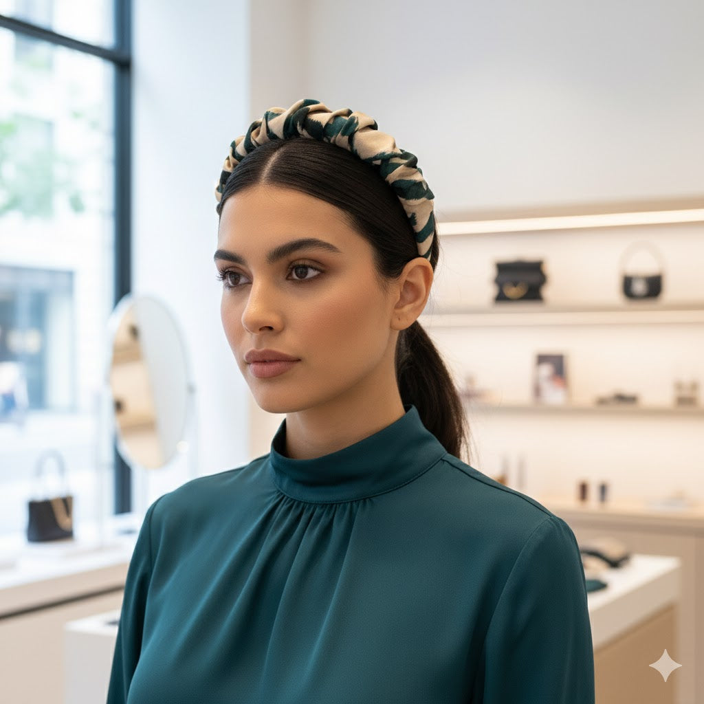 IFRAN: Χειροποίητη στέκα, σατεν, scrunchie beige, teal
