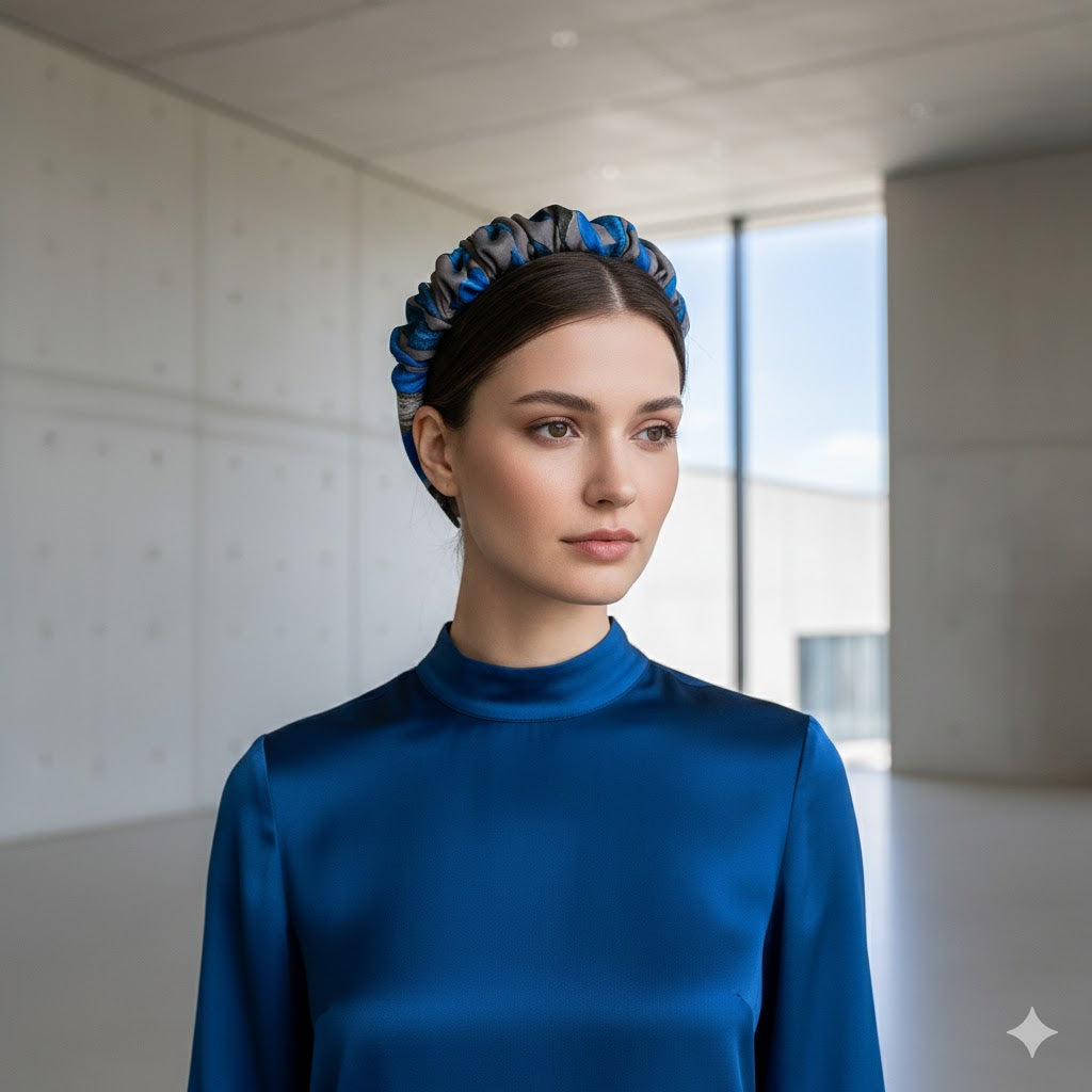 INKA: Χειροποίητη στέκα, σατεν, scrunchie mocha, blue