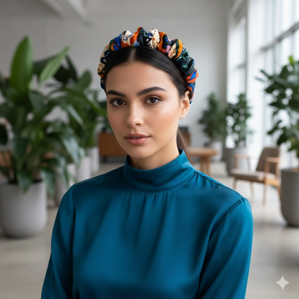 LETICIA: Χειροποίητη στέκα, σατεν, scrunchie multicolor, black
