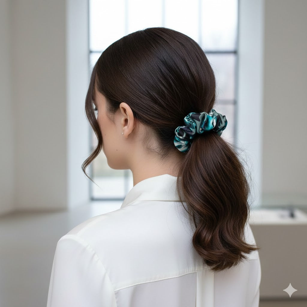 ABIA: Χειροποίητο Εμπριμέ λαστιχάκι μαλλιών scrunchie, black, teal