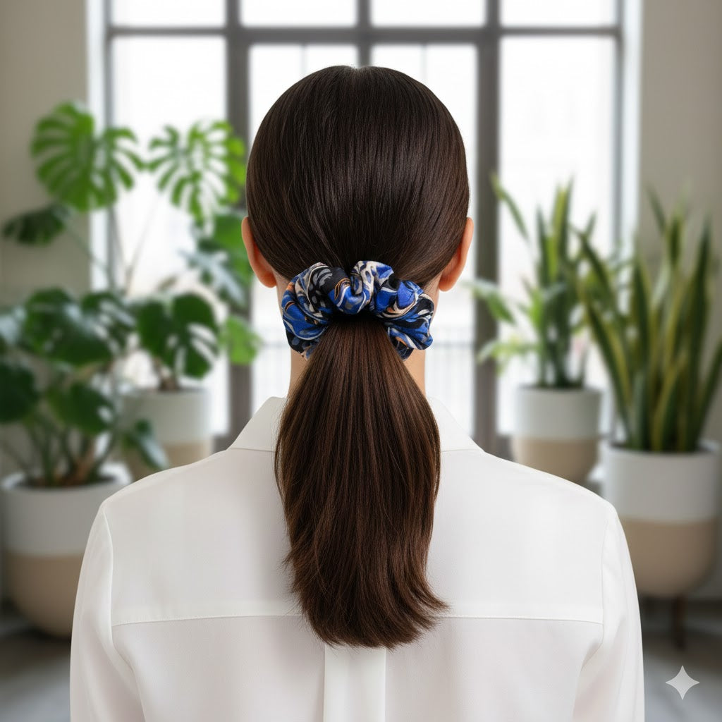 ANELIZ: Χειροποίητο Εμπριμέ λαστιχάκι μαλλιών scrunchie, μπεζ, γκρι
