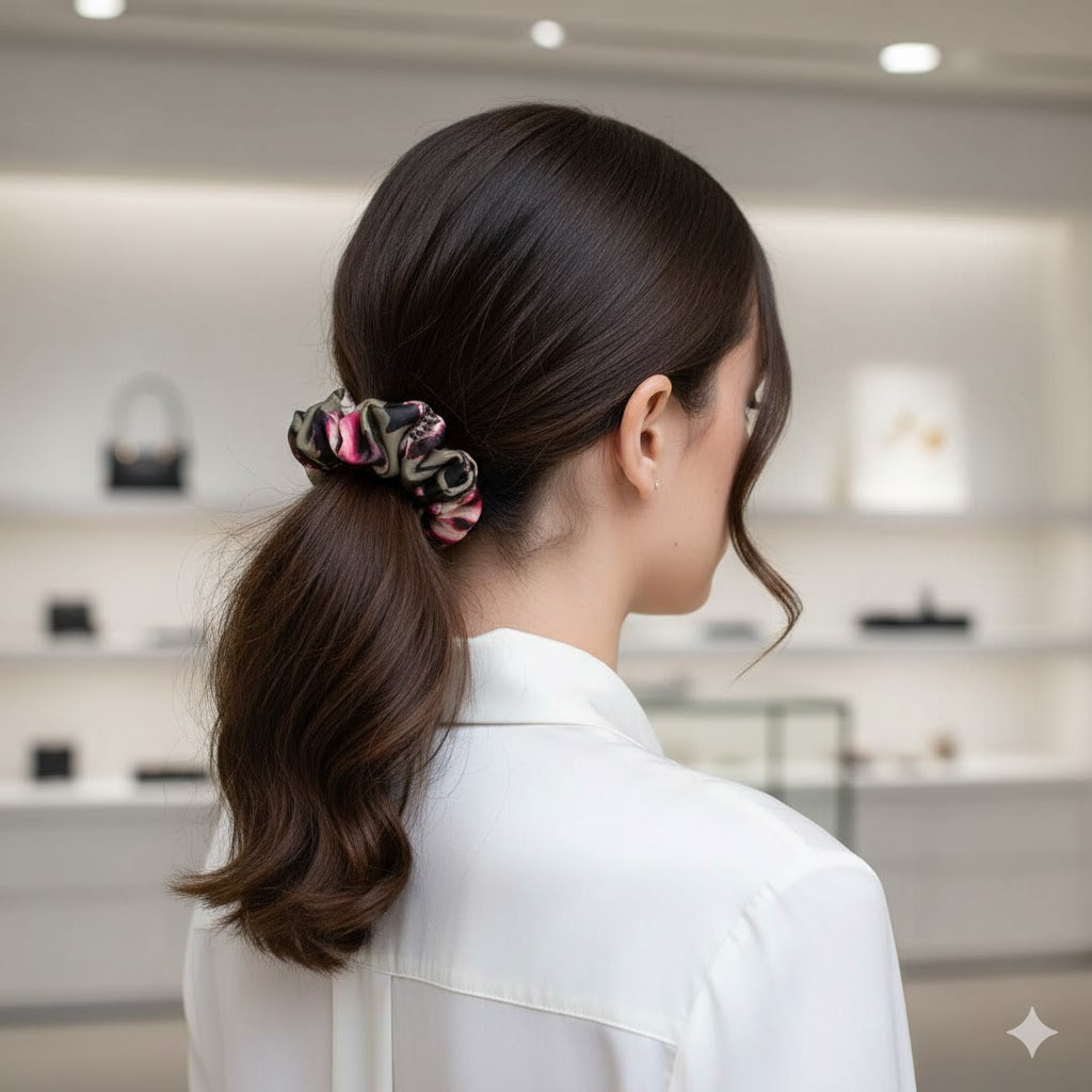 ANTIGONE: Χειροποίητο Εμπριμέ λαστιχάκι μαλλιών scrunchie, olive, berry