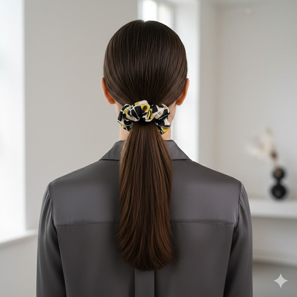 ASILAH: Χειροποίητο Εμπριμέ λαστιχάκι μαλλιών scrunchie, beige, black