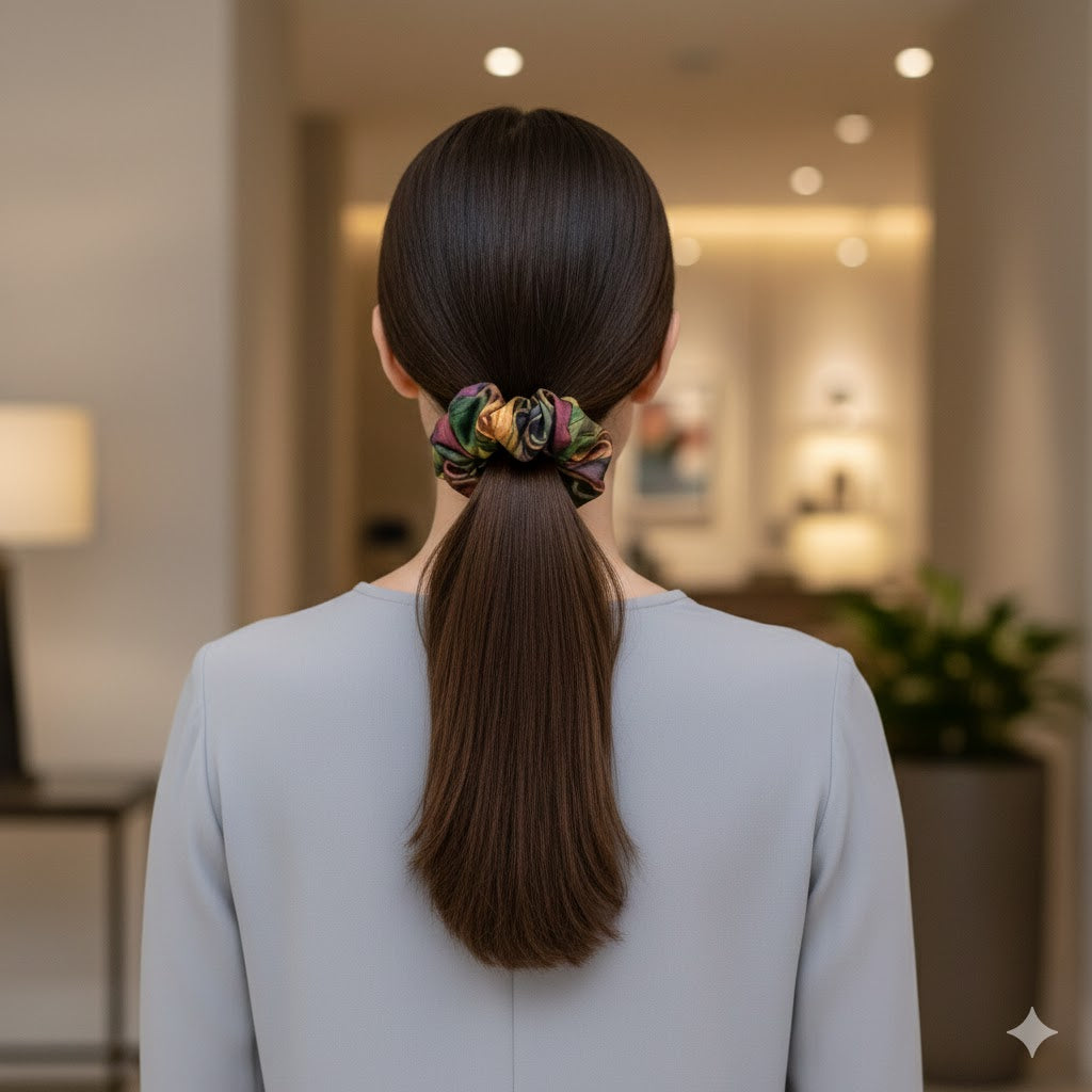 CHIARRA GREEN: Χειροποίητο Εμπριμέ λαστιχάκι μαλλιών scrunchie, olive, green