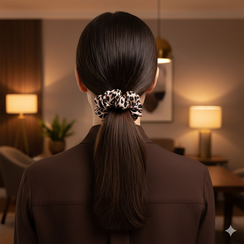 HAFSA: Χειροποίητο Εμπριμέ λαστιχάκι μαλλιών scrunchie, coffee, beige, black