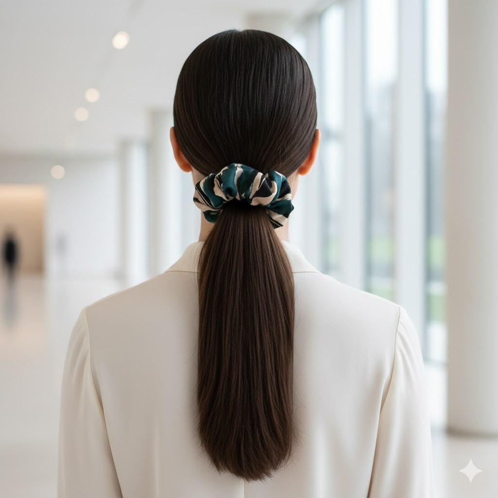 IFRAN: Χειροποίητο Εμπριμέ λαστιχάκι μαλλιών scrunchie, beige, teal