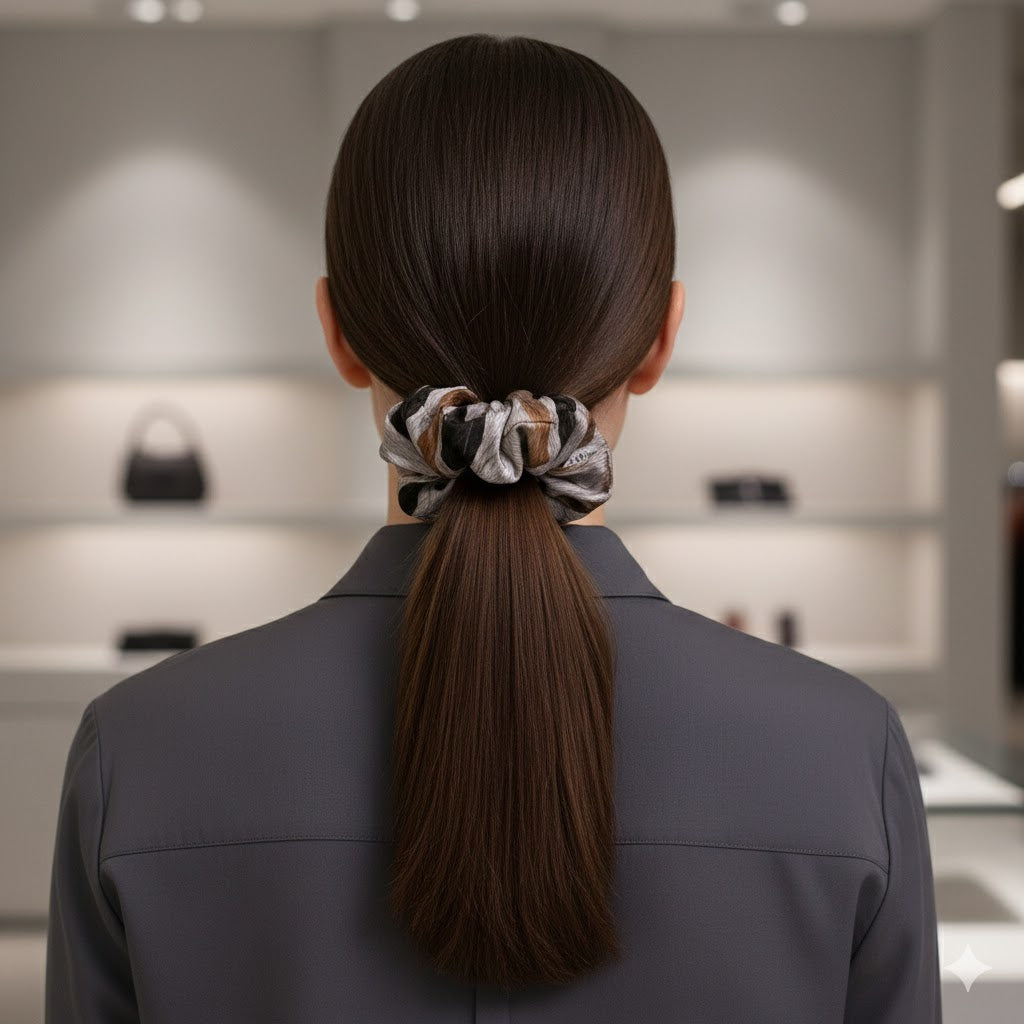 INKA: Χειροποίητο Εμπριμέ λαστιχάκι μαλλιών scrunchie, mocha, blue