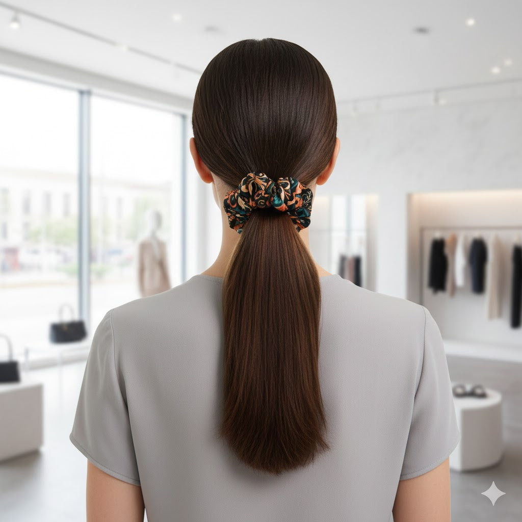 ISABEL: Χειροποίητο Εμπριμέ λαστιχάκι μαλλιών scrunchie,  καμηλό, πράσινο & κεραμιδί