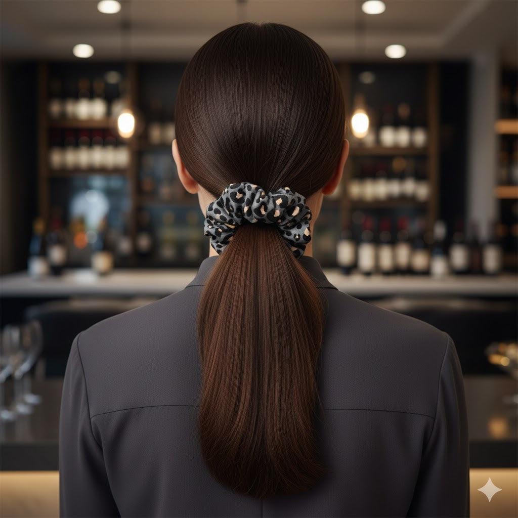 RAHEL GREY: Χειροποίητο  Εμπριμέ λαστιχάκι μαλλιών scrunchie, anthracite, beige