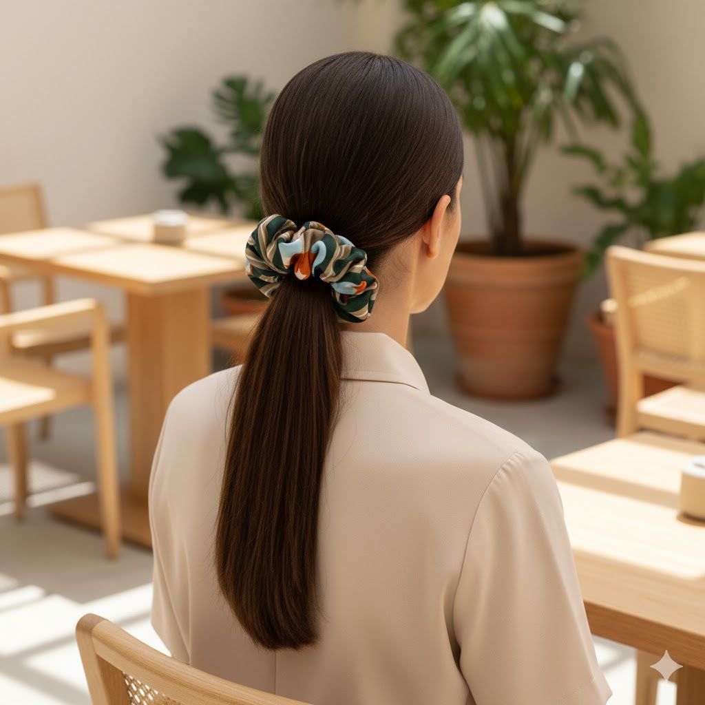 ROBERTA GREEN ORANGE: Χειροποίητο Εμπριμέ λαστιχάκι μαλλιών scrunchie, green, cinnamon