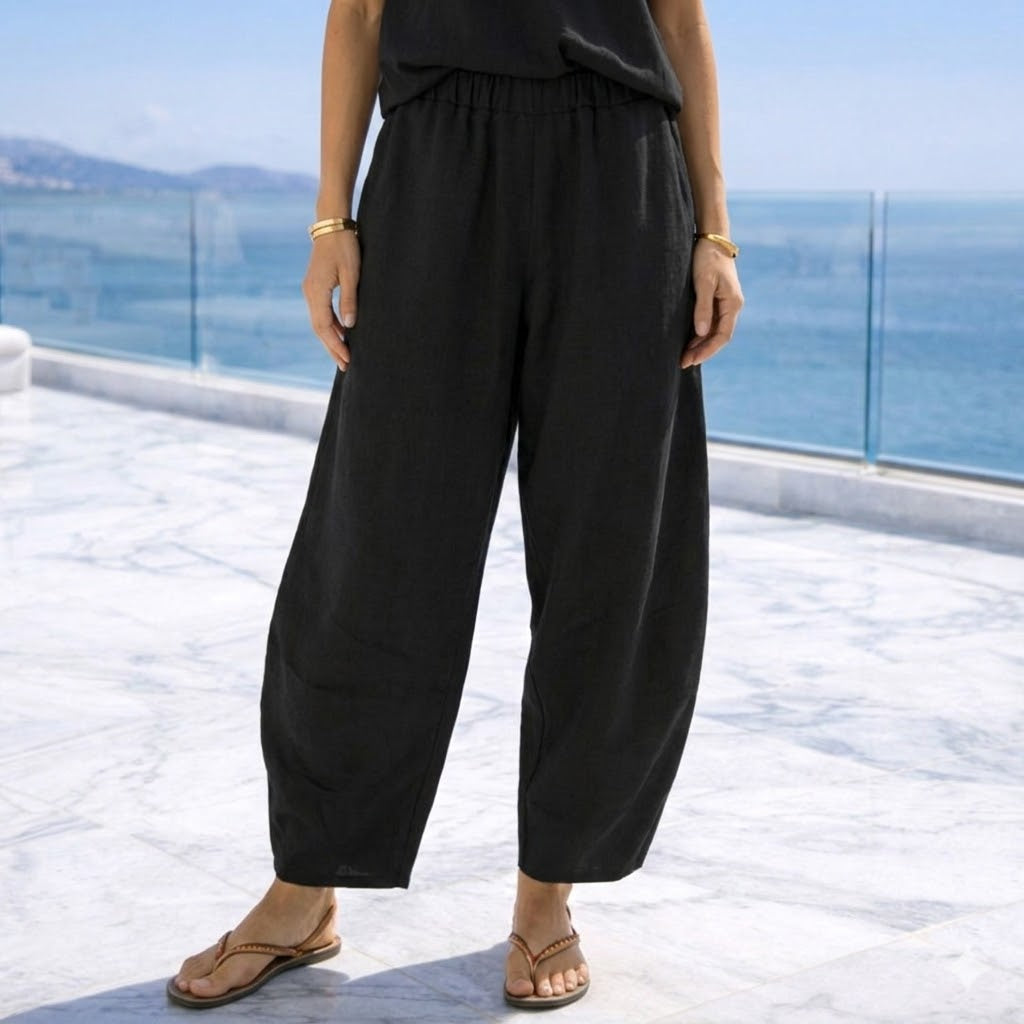BLACK BARREL PANTS: Χειροποίητη παντελόνα, βισκόζ