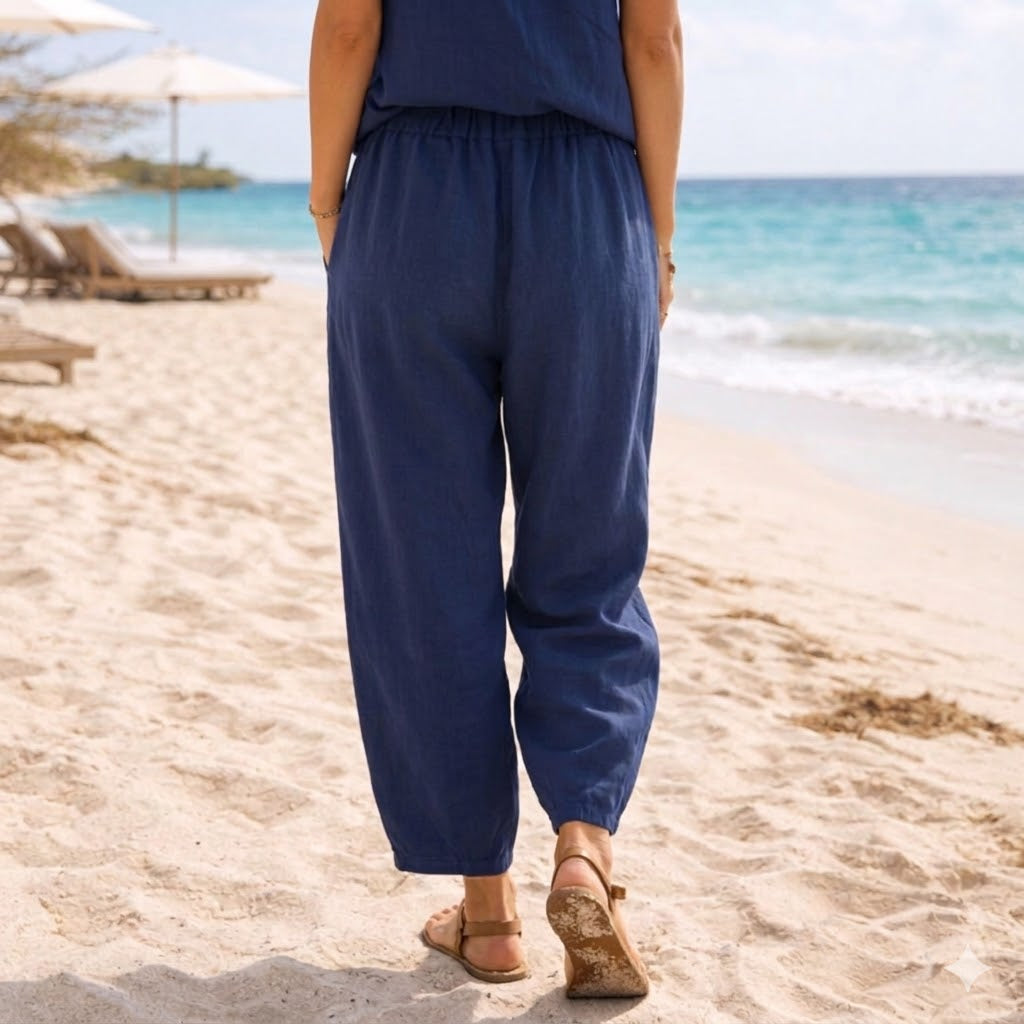 NAVY BLUE BARREL PANTS: Χειροποίητη παντελόνα, βισκόζ