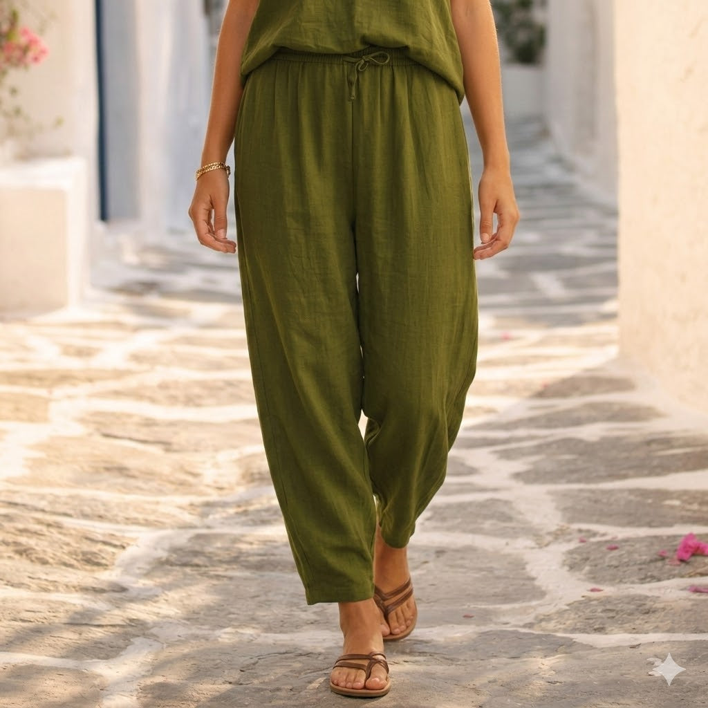 OLIVE BARREL PANTS: Χειροποίητη παντελόνα, βισκόζ