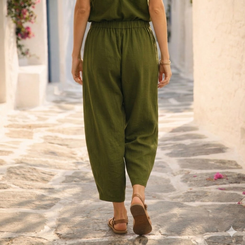 OLIVE BARREL PANTS: Χειροποίητη παντελόνα, βισκόζ