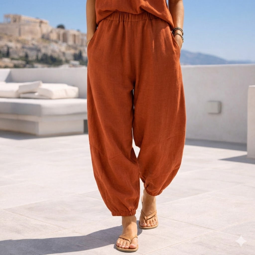 TERRACOTTA BARREL PANTS: Χειροποίητη παντελόνα, βισκόζ