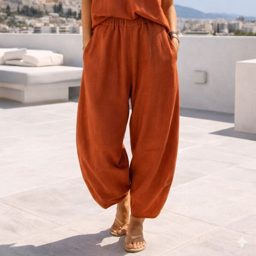 TERRACOTTA BARREL PANTS: Χειροποίητη παντελόνα, βισκόζ