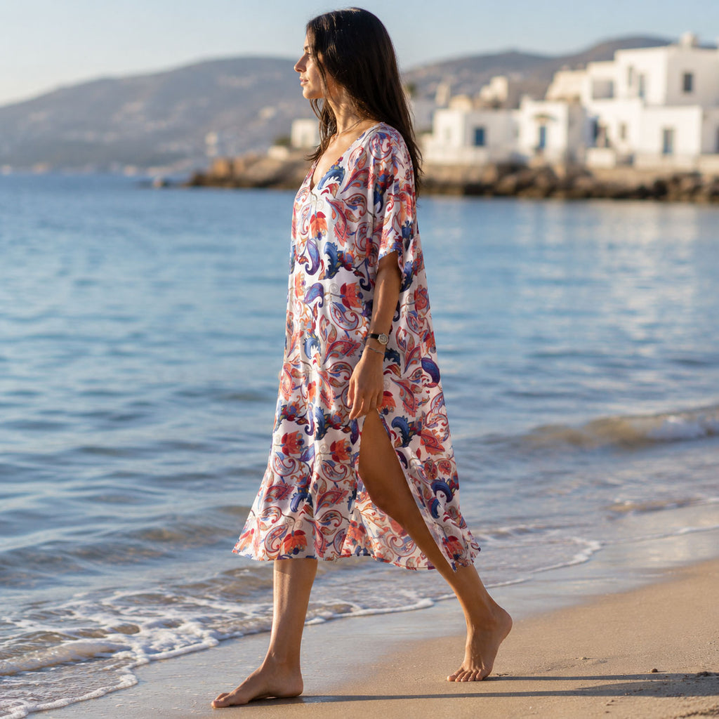 MARGO: Kaftan with V-neck red, blue