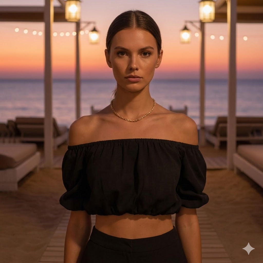 BLACK CROP TOP: Χειροποίητο off-shoulder τοπ, puff μανίκια, βισκόζ