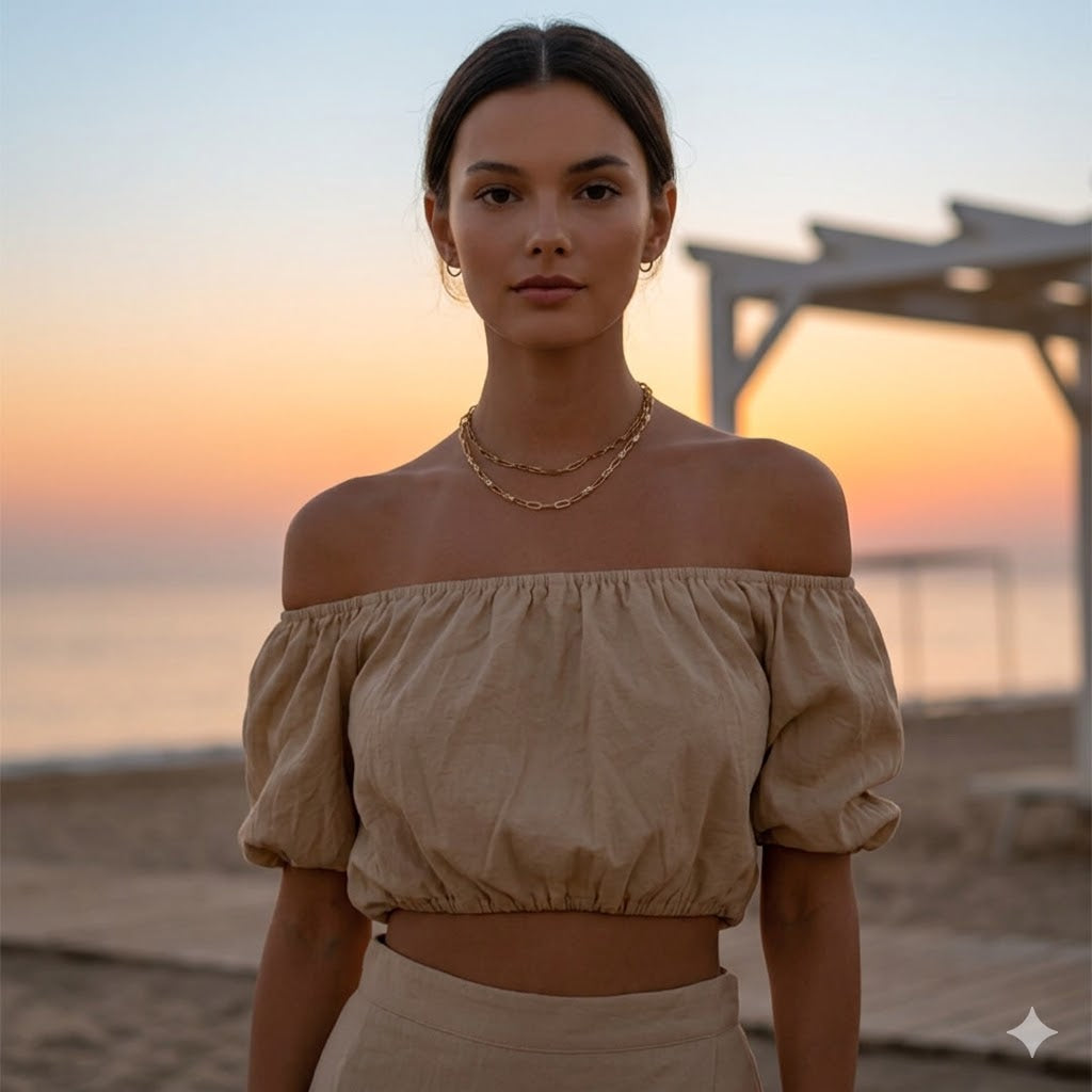 DESERT SAND CROP TOP: Χειροποίητο off-shoulder τοπ, puff μανίκια, βισκόζ