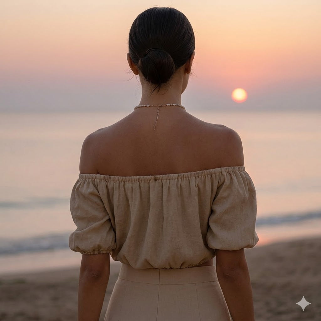 DESERT SAND CROP TOP: Χειροποίητο off-shoulder τοπ, puff μανίκια, βισκόζ