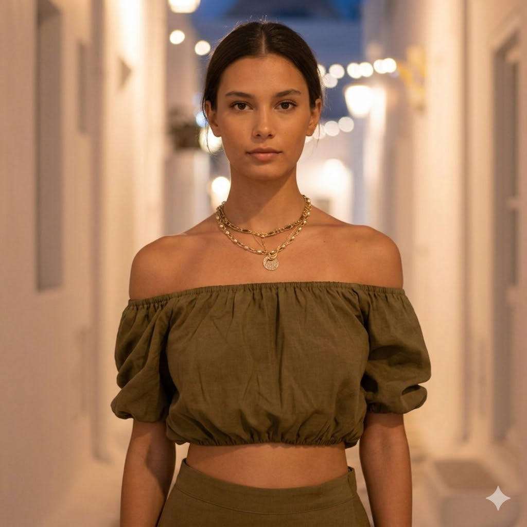 OLIVE CROP TOP: Χειροποίητο off-shoulder τοπ, puff μανίκια, βισκόζ