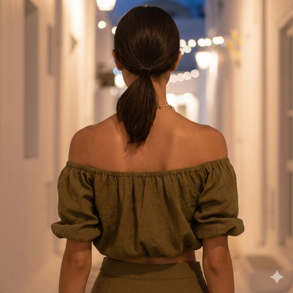OLIVE CROP TOP: Χειροποίητο off-shoulder τοπ, puff μανίκια, βισκόζ