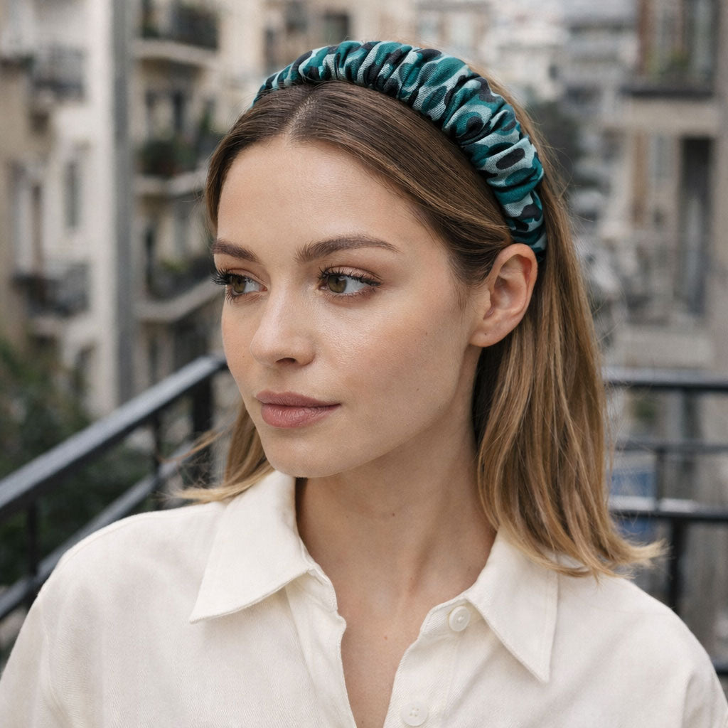 ABIA: Χειροποίητη στέκα, σατεν, scrunchie μαύρο, teal