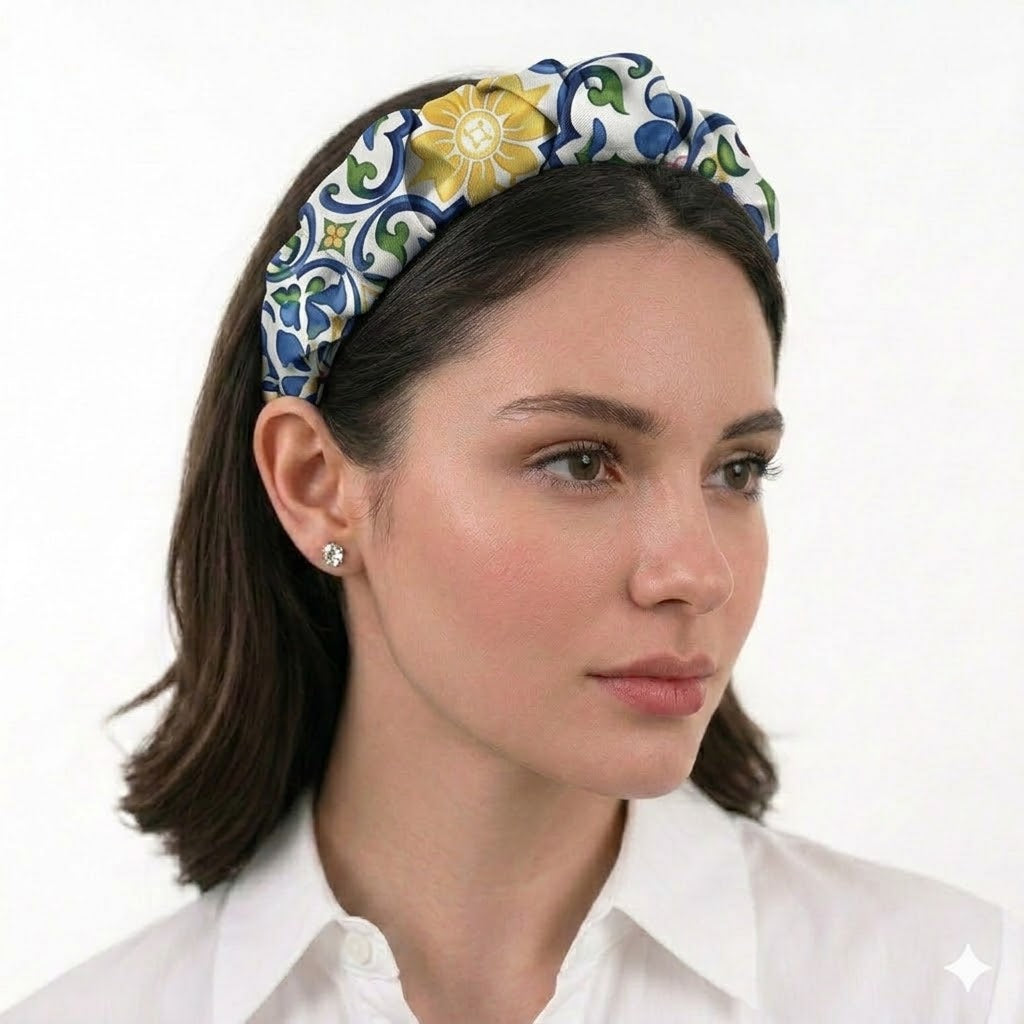 SORENTO: Εμπριμε στέκα μαλλιών, royal blue, κίτρινο, σατεν, χειροποίητη