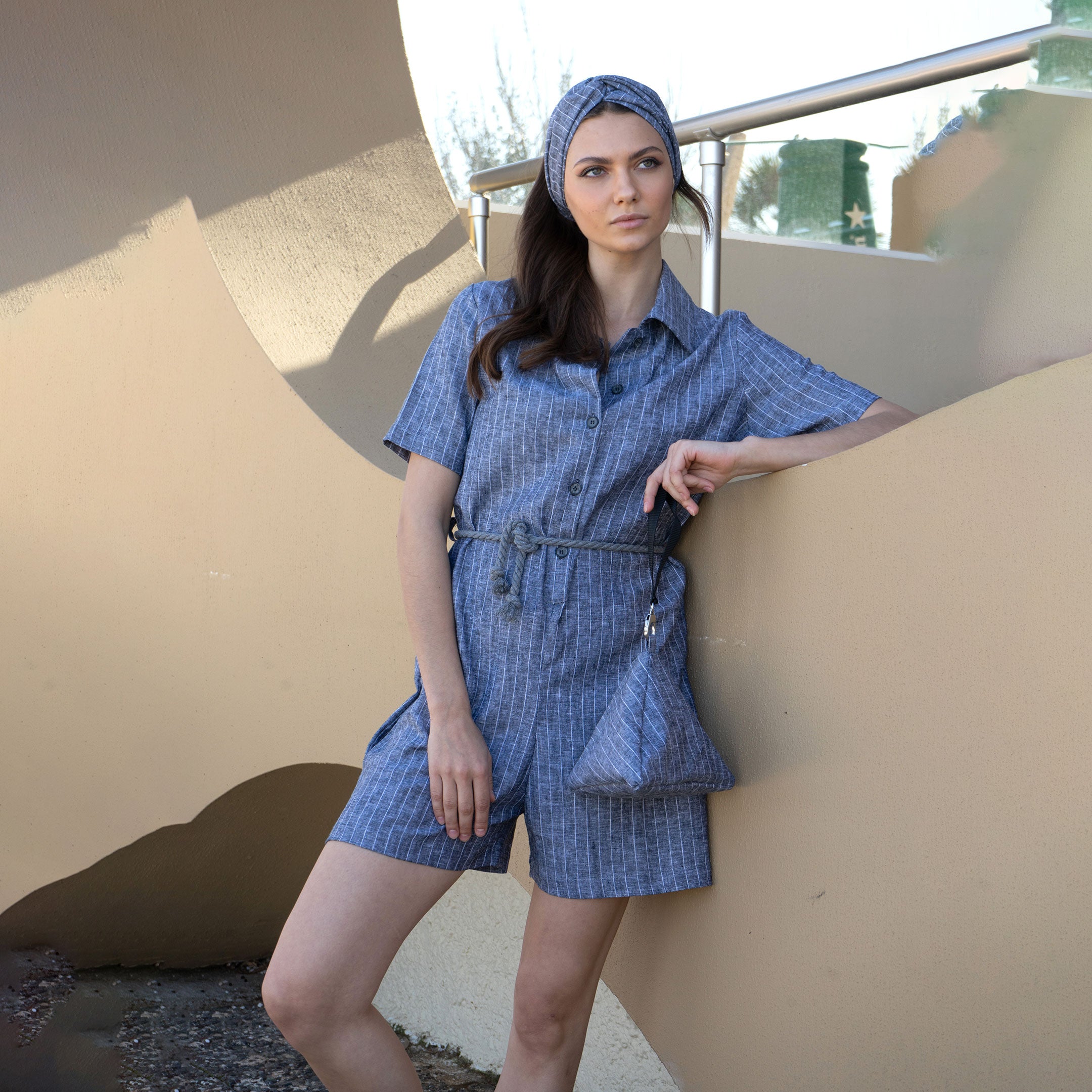 Jumpsuit, φόρμα, ζώνη κορδόνι, λινό - βισκόζη, 6 χρώματα - SMALL-MEDIUM, STRIPES