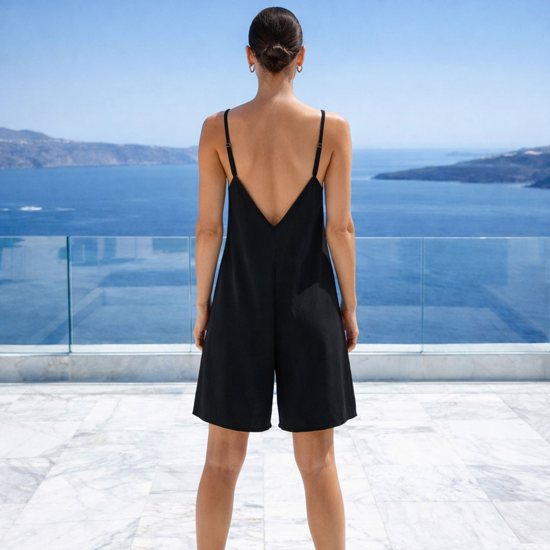 BLACK JUMPSUIT: Χειροποίητη, ολόσωμη κοντή φορμα, βισκόζ