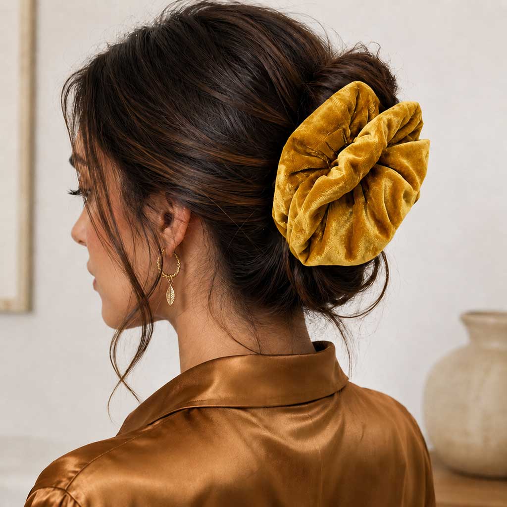 Βελούδινο Κλαμερ | Velvet Hair Claw Clip - Camel Gold