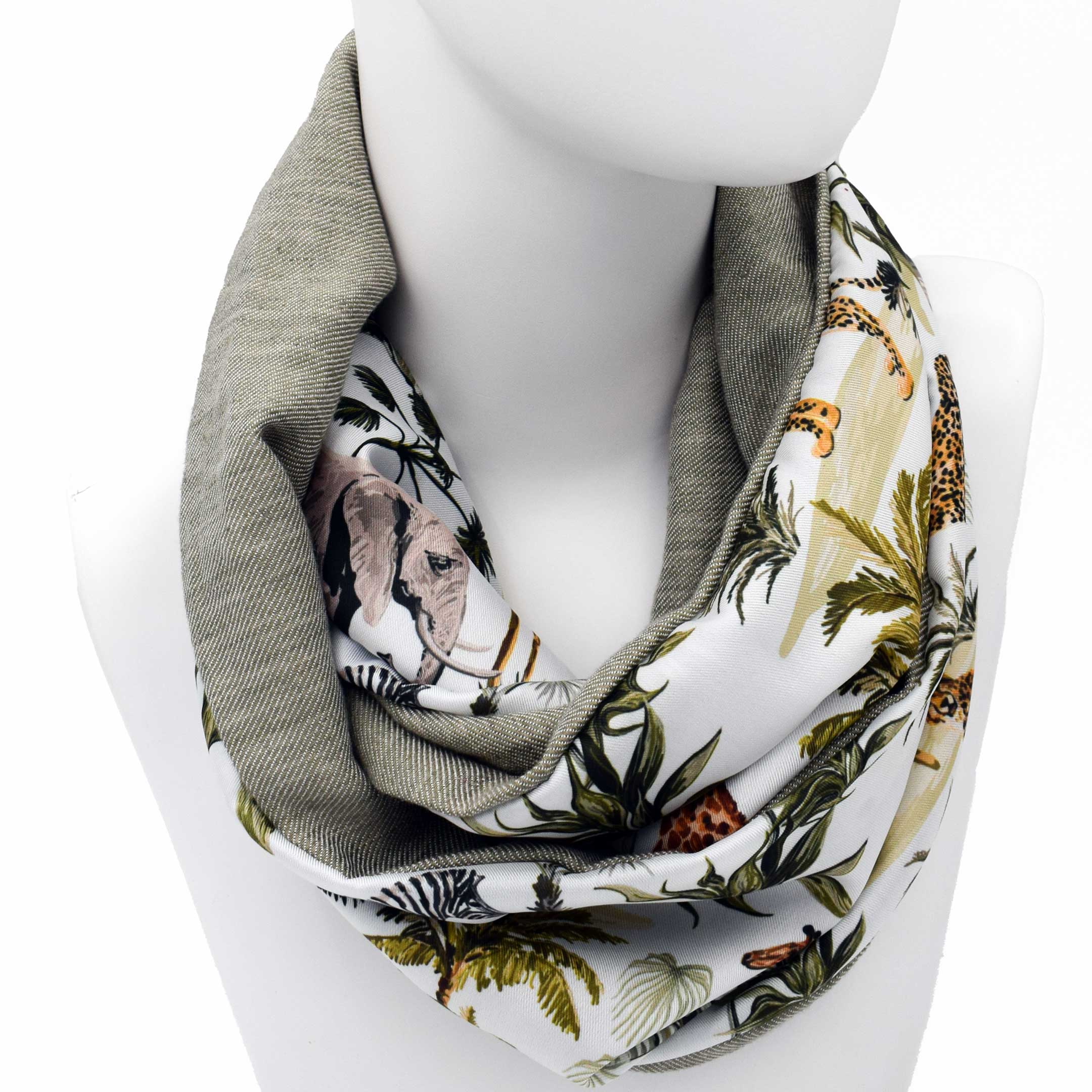 MEEKA OLIVE: Ανάλαφρο Infinity φουλάρι σατεν, λινό, με palm trees, zebra, giraffe και elephant pattern