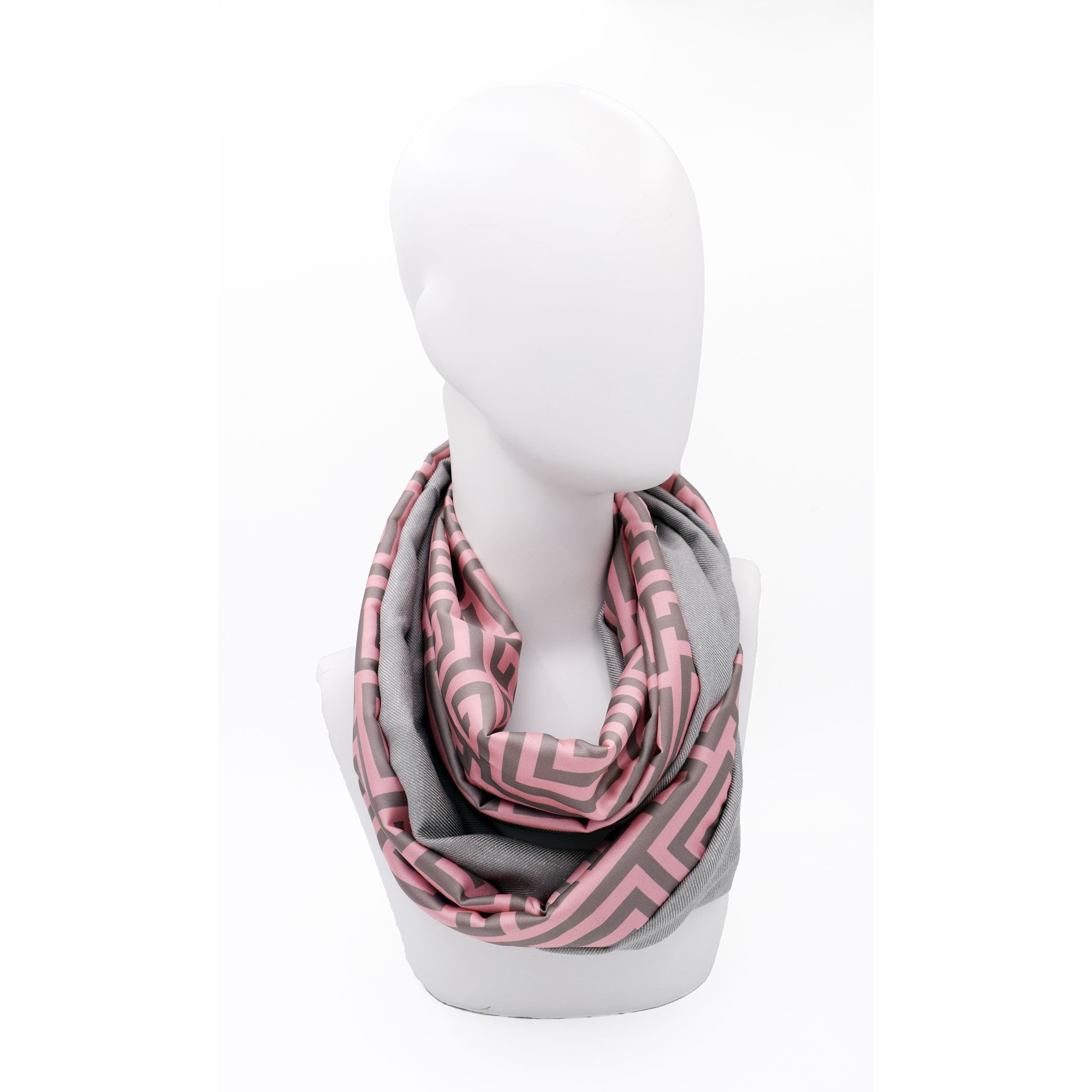 SAFFRON ROSE GREY: Ανάλαφρο Infinity φουλάρι σατεν, βισκοζ, με pattern Greek key