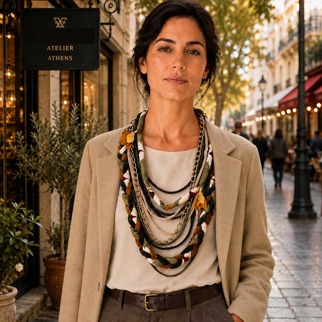 INES υφασμάτινο κολιέ με βελούδο, υφασμάτινα μοτίφ και αλυσίδα σε χρυσό τόνο
