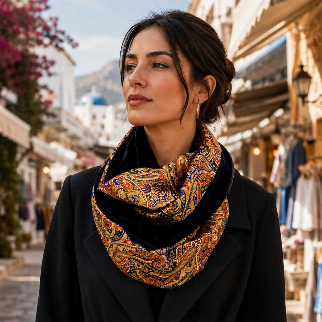 BARBARA κεραμιδί Infinity φουλάρι διπλής όψης φορεμένο στον λαιμό
