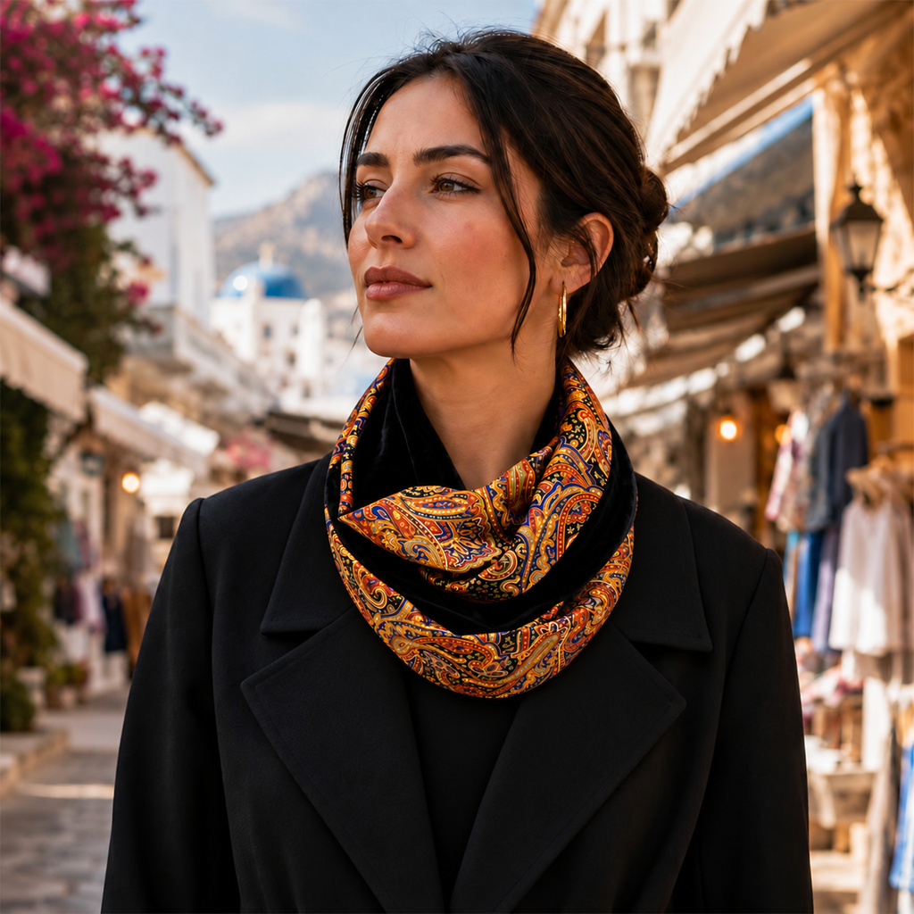 BARBARA Infinity φουλάρι με paisley σατέν και μαύρο βελούδο