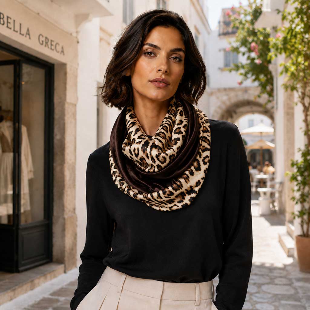 HAFSA leopard Infinity φουλάρι διπλής όψης από σατέν και βελούδο