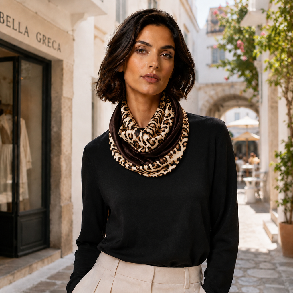 Leopard print σε coffee, μπεζ και μαύρο του Infinity φουλαριού HAFSA