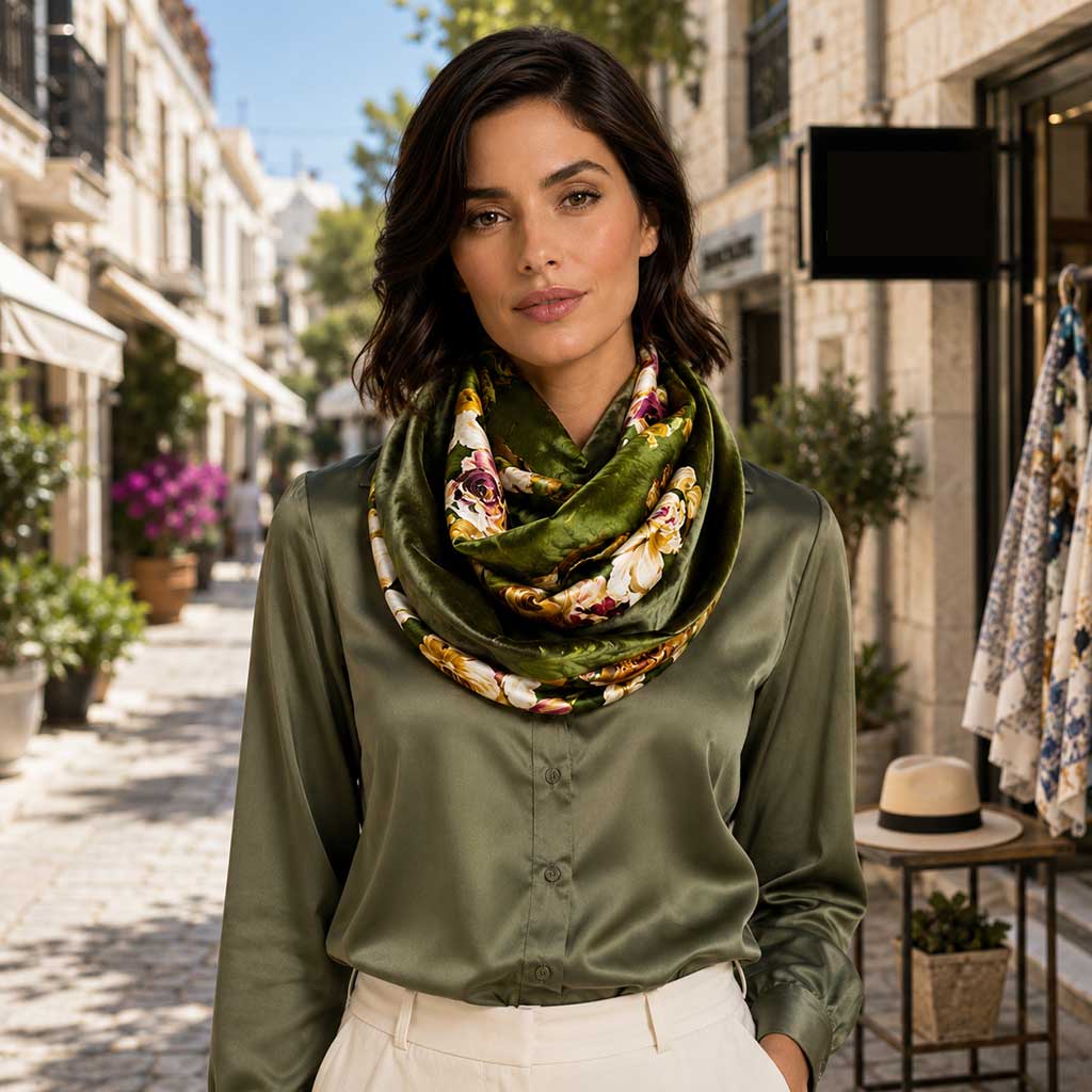 LUCIA πράσινο floral Infinity φουλάρι διπλής όψης από σατέν και βελούδο