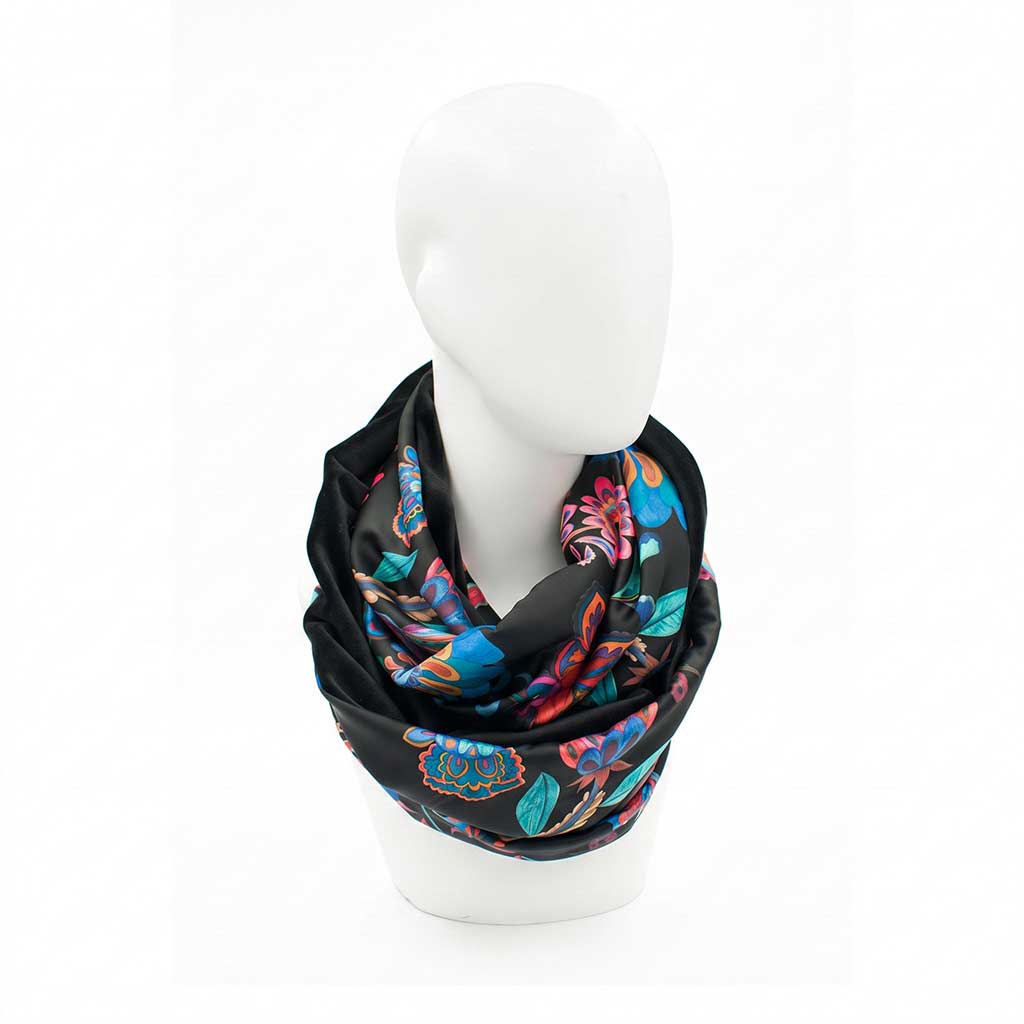 Renata Infinity φουλάρι διπλής όψης με πολύχρωμο Jacobean floral print σε σατέν και μαύρο βελούδο – VinD.gr