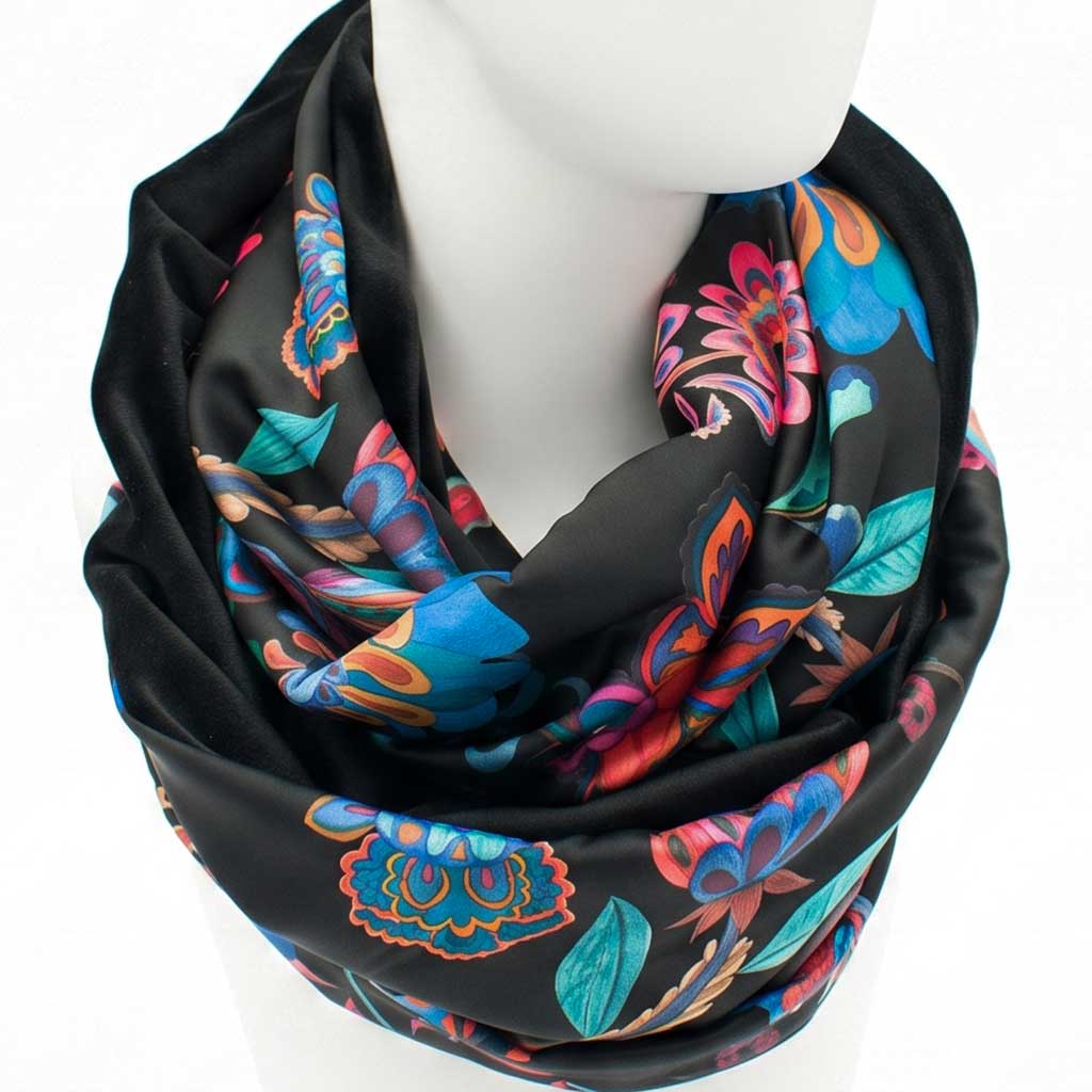 Renata Infinity φουλάρι διπλής όψης με πολύχρωμο Jacobean floral print σε σατέν και μαύρο βελούδο – VinD.gr