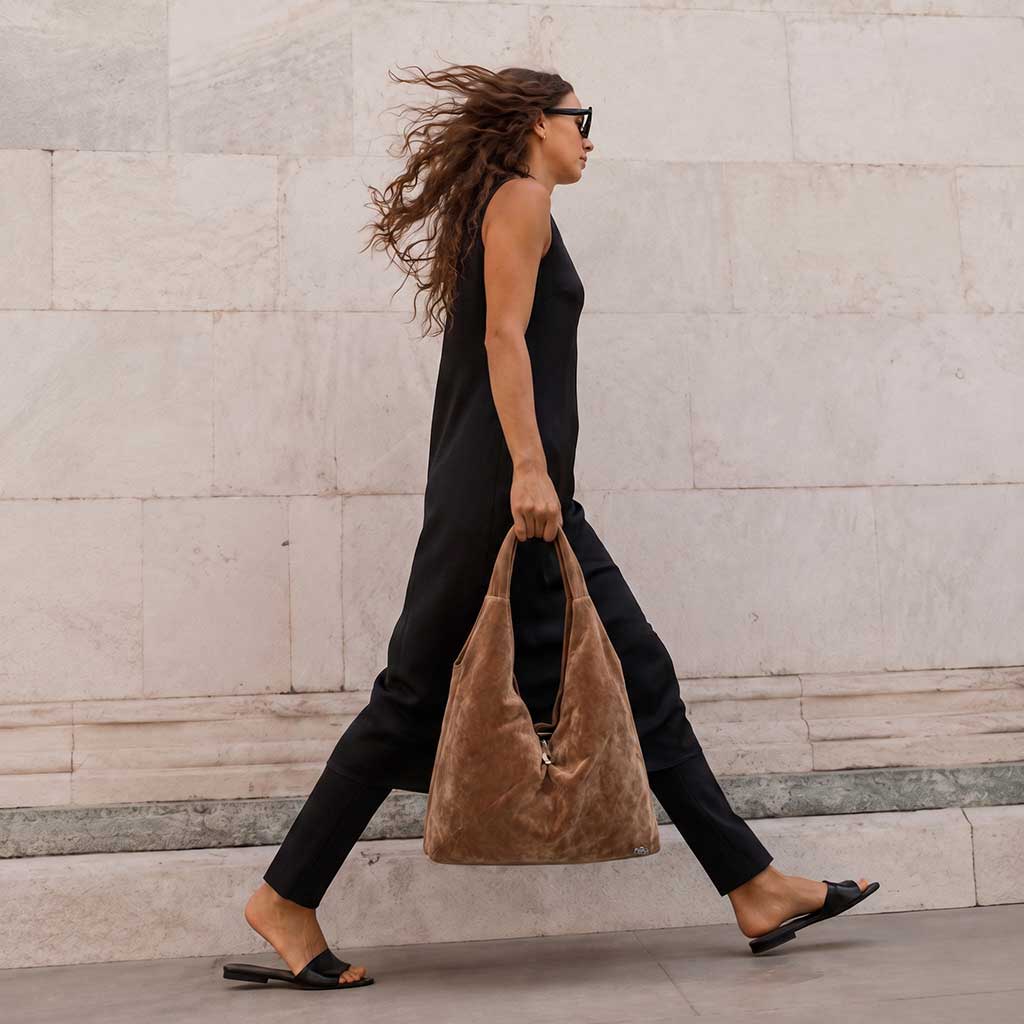 OVERSIZED | Χειροποίητη Βελούδινη Τσάντα Ώμου Shopper - Coffee
