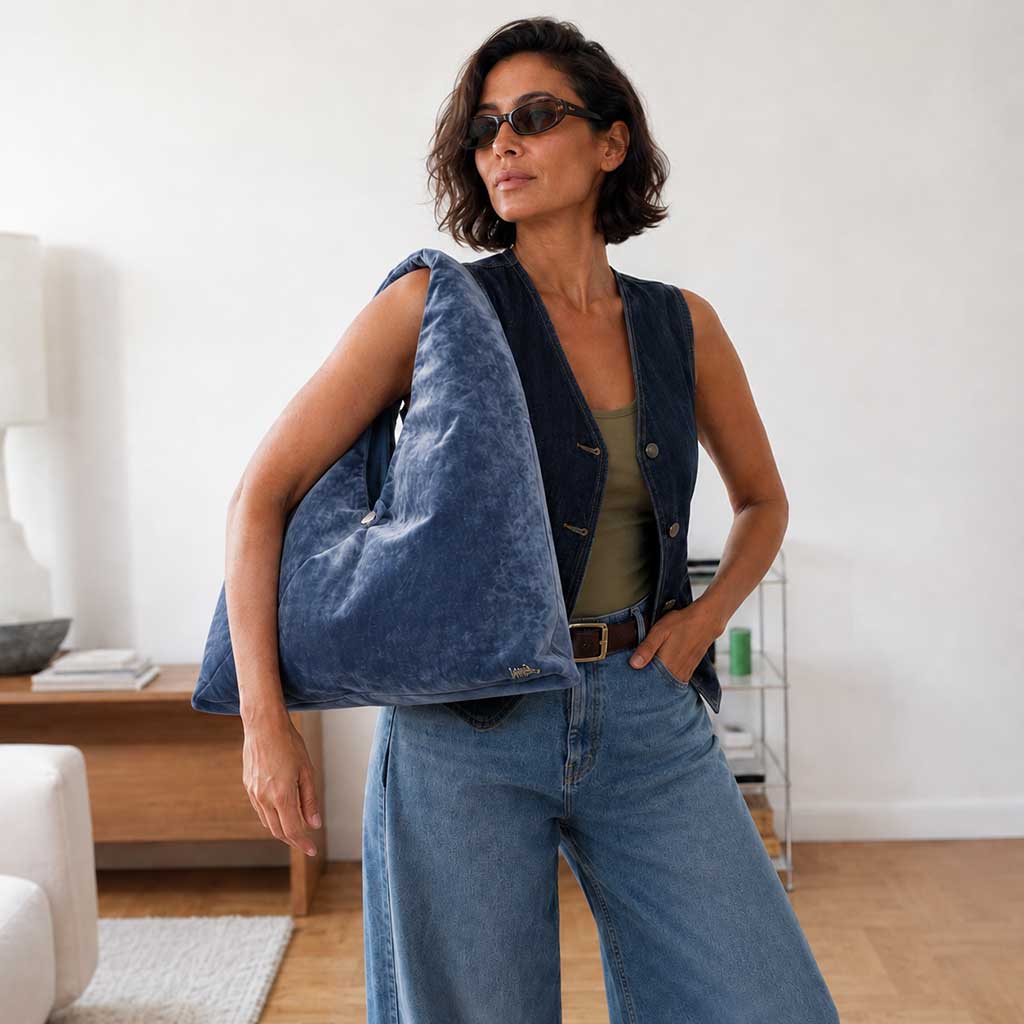 OVERSIZED | Χειροποίητη Βελούδινη Τσάντα Ώμου Shopper - Indigo