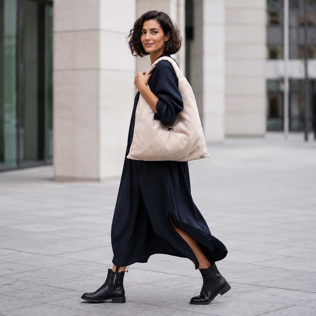 OVERSIZED | Χειροποίητη Βελούδινη Τσάντα Ώμου Shopper - Latte