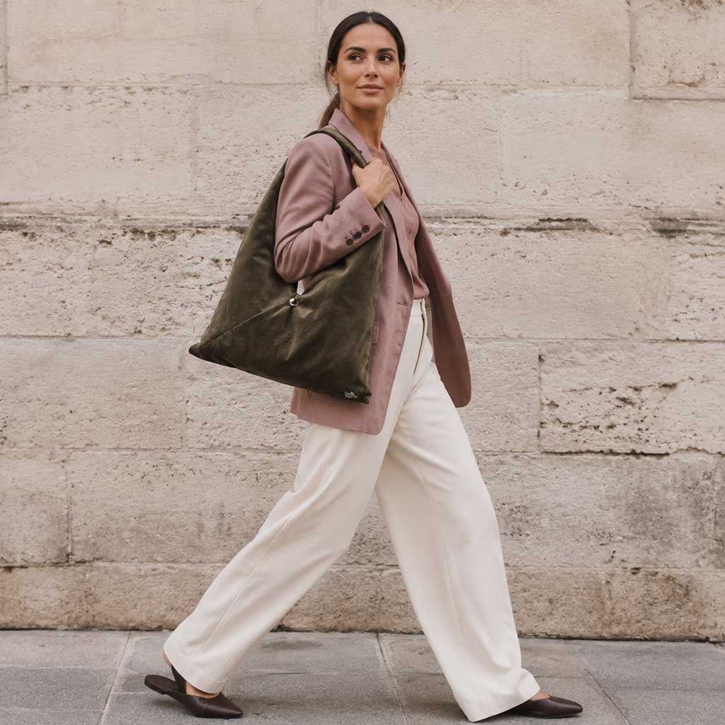 OVERSIZED | Χειροποίητη Βελούδινη Τσάντα Ώμου Shopper - Moss Green